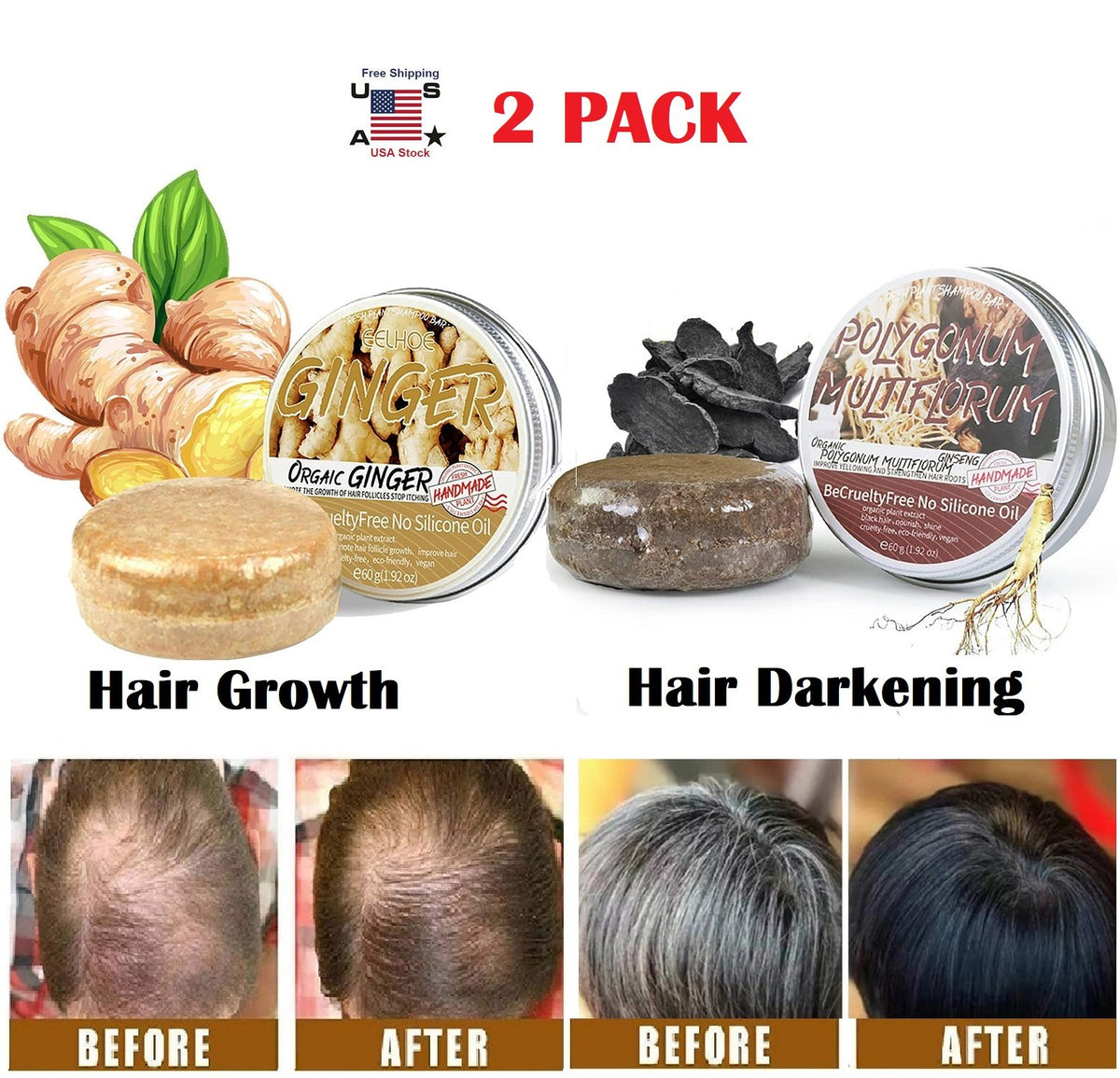 Natural Hair Growth & Darkening Shampoo Bar with Ginger & Polygonum - Pack of All Variants