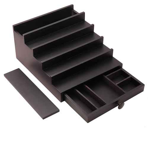 5 Tier Cologne Organizer for Men - Wooden Black Cologne Perfume Display Stand with Drawer and Hidden Compartment, Mens Cologne Holder Shelf for Organizing and Storing