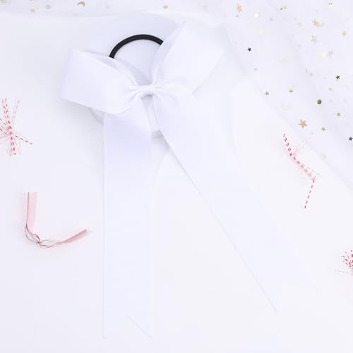 OAOLEER 16pcs Cheer Hair Bows for Cheerleader, College Style Long Tail Skinny Cheer Bow Elastic Hair Tie Bows for Teens Girls Softball Competition Sports Cheerleaders (White)