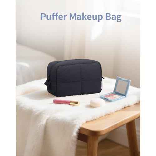 Narwey Puffy Makeup Bag for Travel Women Girl, Quilted Makeup Bag Cosmetic Bag, Cute Puffer Make Up Organizer Bags, Travel Toiletry Bag Toiletries (Black)