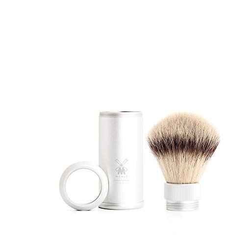 M?HLE Travel Silver Aluminum Silvertip Fibre Shaving Brush - Portable Synthetic Luxury Shave Brush for Men, Rich Lather