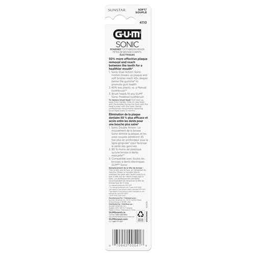 GUM Sonic Powered Toothbrush Refills, Tapered Bristles Clean Below The Gumline, White 2 Count(Pack of 2)
