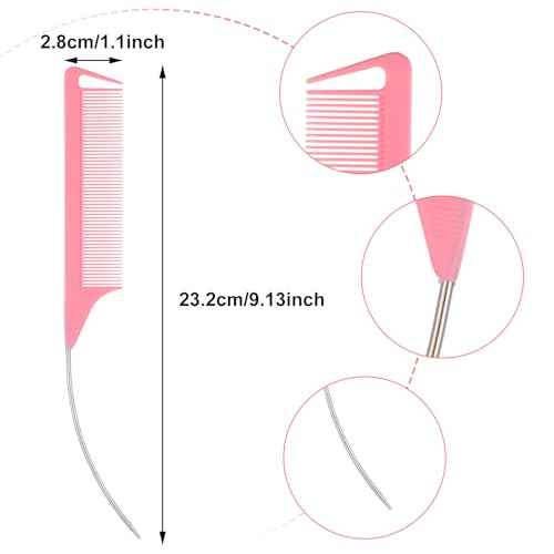 3 Pcs Rat Tail Combs, Mabor C Curved Parting Rat Combs Teasing Fine Tooth Comb with Bend Steel Needle Carbon Fiber Pin Tail Comb for Hair Styling Tools Hair Comb for Parting Women Barber