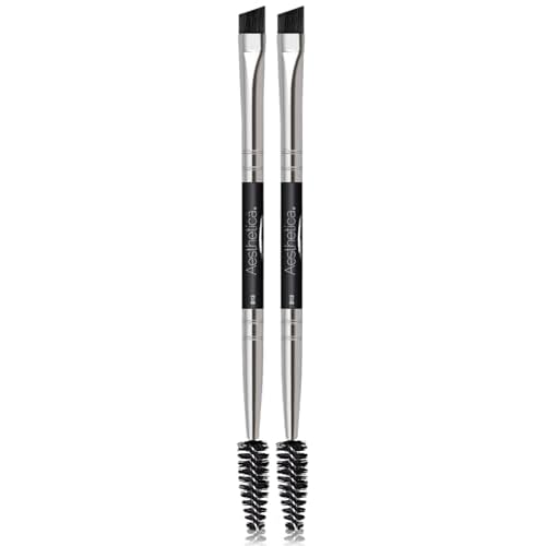 Aesthetica Pro Series Double Ended Brow Brush - Duo Design Allows for Precision Application of Brow Powders, Waxes and Gels and Evenly Blends Product for a Natural Look - 100% Vegan and Cruelty Free