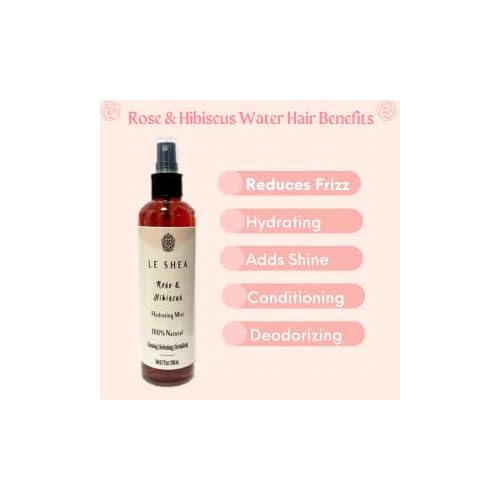 LE SHEA Hibiscus & Rose Water Spray with Aloe Vera, Rose Oil, All Natural Hydrating Facial Mist, Refresh Moisturize Hair Beard Braid Dreadlock Loc Condition Skin Body Face Rosewater Leave In 8.7 oz