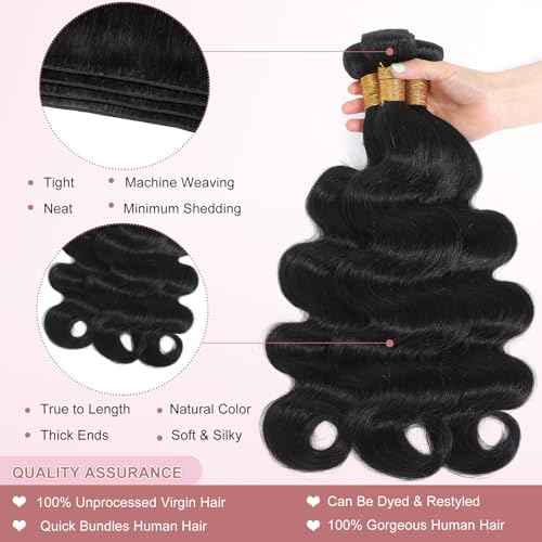 12A Human Hair Bundles Body Wave 24 26 28 INCH Brazilian Virgin Human Hair Extensions 3 Bundles Natural Black for Women
