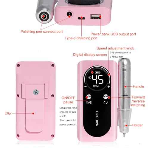 Electric 45000RPM Nail Drill Machine Rechargeable Portable Nail File Electric DIY Nail Drill Kit with Smart LCD Screen for Gel Nail Manicure and Pedicure Reflective Body etc(Dazzle)
