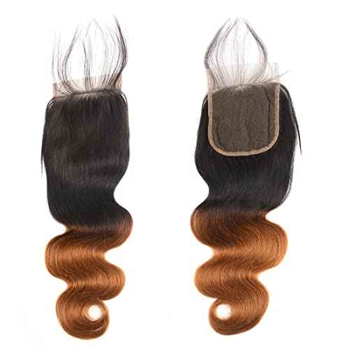 Ombre Human Hair Bundles with Closure Body Wave 3 Bundles 1B/30 Brazilian Virgin Human Hair Two-tone Dark Root with 4x4 Lace Closure(T1B/30, 18 20 22 +16)