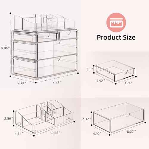 Delamu 4-Tier Clear Makeup Organizer with Drawer, Stackable Acrylic Cosmetic Storage for Bathroom Vanity, Dresser Countertop, Make Up and Jewelry Storage, Beauty Holder for Lipstick Brush Skincare