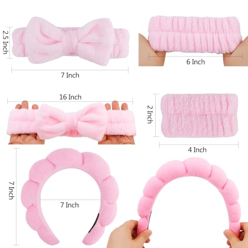 Chanaco Hairband, 2 Pcs Spa Headbands and 2 Pcs Wrist Bands for Women, Pink Microfiber Face Wash Headband with Bow Tie, Skincare Headband, Wide Occasion, Teen Girl Gifts, Trendy Stuff