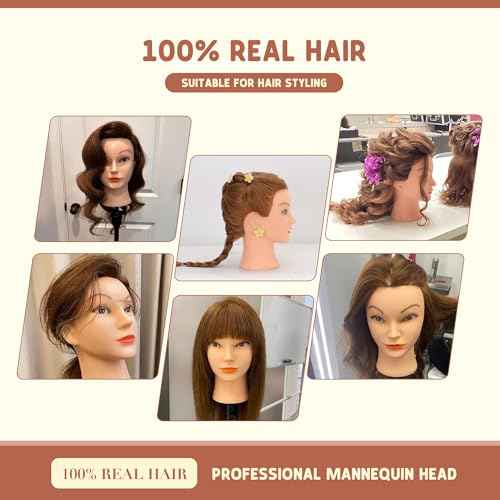 Mannequin Head with Human Hair - 20-22" Cosmetology Mannequin Head with 100% Real Human Hair for Braiding Practice Cutting - Manikin Head with Human Hair for Hairdresser with Tripod Set