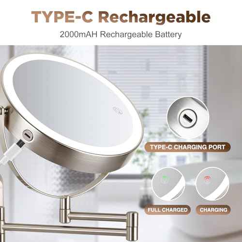 30X Wall Mounted Makeup Mirror with Lights,3 Color Modes Dimmable & Adjustable Double Side, Bathroom Vanity Makeup Mirror with 360 Rotation Extendable Swivel Arm,Magnifying Mirror - Brushed Nickel