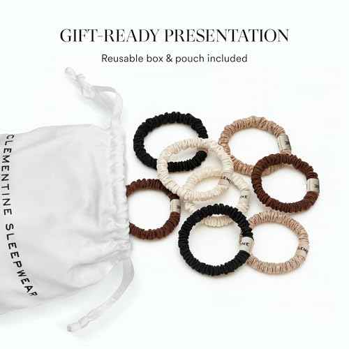 Clementine Sleepwear Organic Silk Scrunchie Set Ice Cream | 8 Skinny Scrunchies Made with GOTS Certified Silk for Frizz-Free Styling and Gentle Hair Care