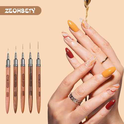 Wooden Nail Art Brushes, 5Pcs Nail Art Liner Brushes, Painting Art Design Brush Set Nail Dotting Drawing Tool for Long Lines, Thin Details, Fine Drawing Sizes 6/9/12/15/18mm, Natural