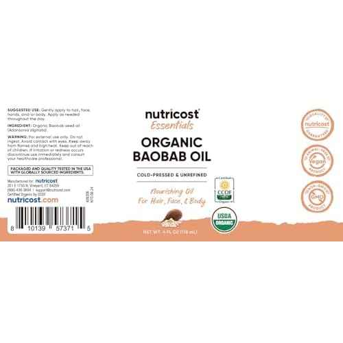 Nutricost Organic Baobab Oil (4 FL OZ) - Nourishing Oil For Hair, Face, & Body, Cold Pressed & Unrefined