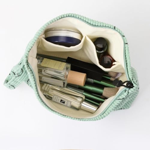 Small Cosmetic Bag set for Women Corduroy Makeup Bag with Interior Pocketes Cute Corduroy Makeup Pouches Women Small Toiletry Bag (Beige Smile)