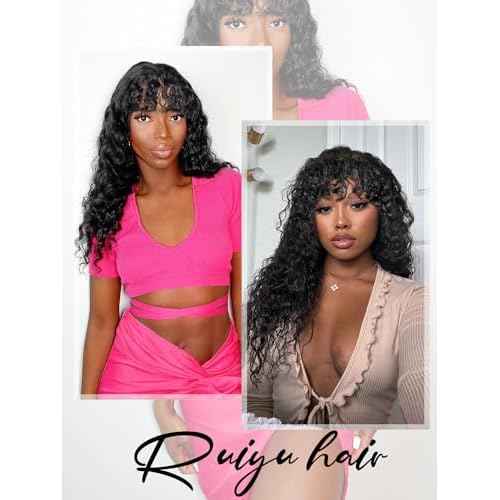 Ruiyu Curly Wig with Bangs Human Hair 2x4 HD Lace Closure Wear and Go Glueless Wig Water Wave Wigs with Bangs for Black Women 180 Density 100% Brazilian Virgin Human Hair 18 Inch