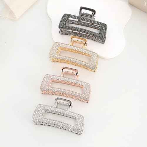 3.5 Inch Square Metal Large Claw Clips, 4 Pack Rhinestones Hair Clamps for Women and Thinner,Thick hair styling,Strong Hold jaw clips