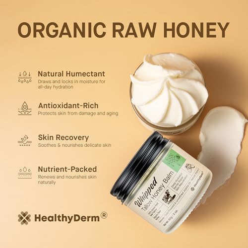 Beef Tallow Honey Balm for Skin: 100% Grass Fed Whipped Organic Moisturizer with Organic Raw Honey, Jojoba Oil, Vitamin E ? Natural Face and Body Care for Mature, Dry or Sensitive Skin, 2oz