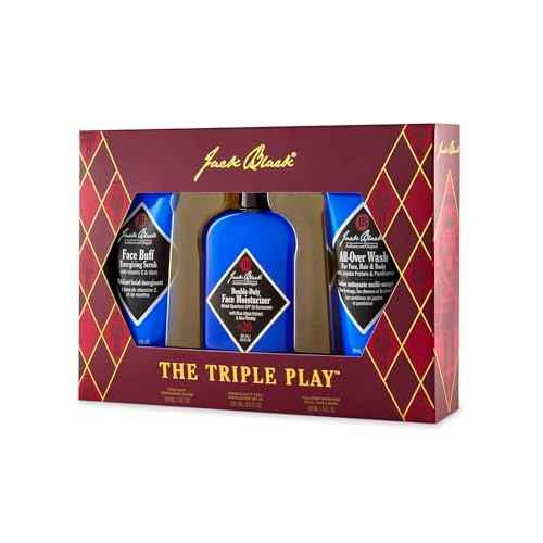 Jack Black Holiday Triple Play Gift Set for Men ? Face Buff, Double-Duty Face Moisturizer, All-Over Wash for Face, Hair & Body, Mens Skin Care Kit, Men's Skincare Gift Set
