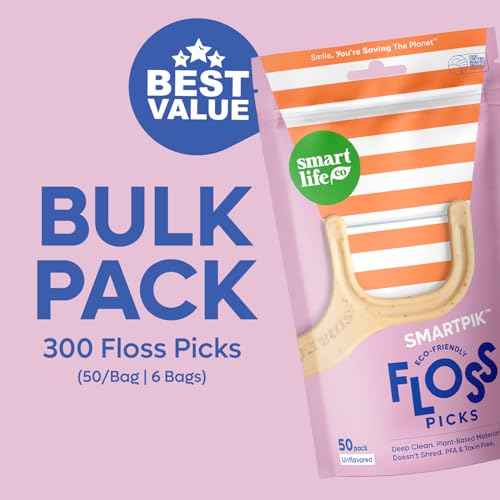 SmartLifeco Eco-Friendly Dental Floss Picks (300ct) - The Original Straw Wheat Flossers, Superior Anti-Shred Thread for Tight Gaps, Zero Waste Tooth Pick for Adults, Soft on Gum & Teeth, Unflavored