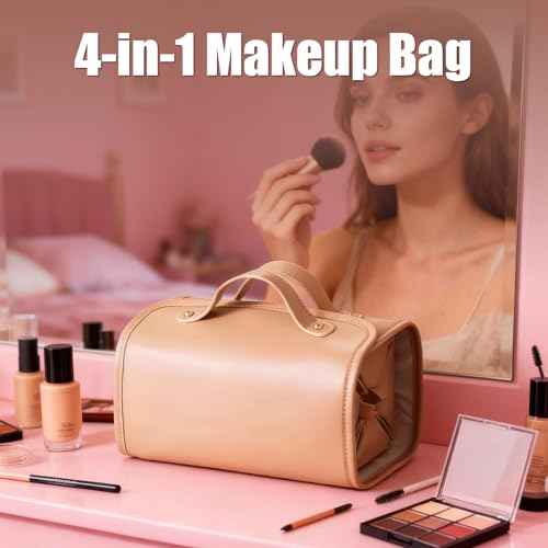 Large Foldable Hanging Toiletry Bag for Women, 4-in-1 Waterproof Makeup bag, Cosmetic Bag with Detachable Interior Pockets, Ideal for Women Travel Essentials(Brown)
