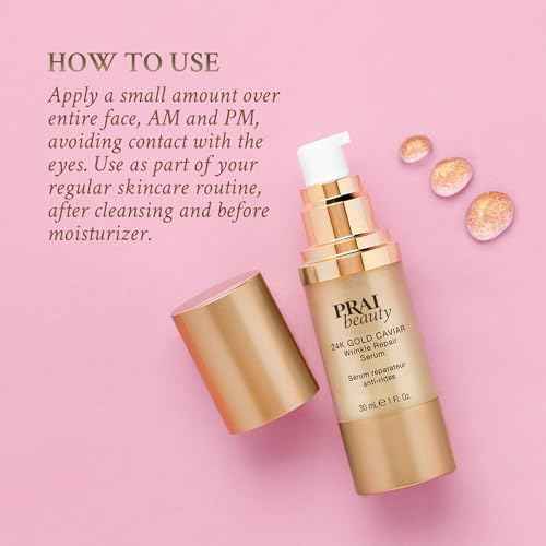 PRAI Beauty 24K Gold Caviar Wrinkle Repair Serum for Face | Anti-Aging Serum with Hyaluronic Acid to Plump and Fill In Wrinkles | Anti-Wrinkle Serum with Vitamin C for Brighter, Firmer Skin | 1.0 Oz