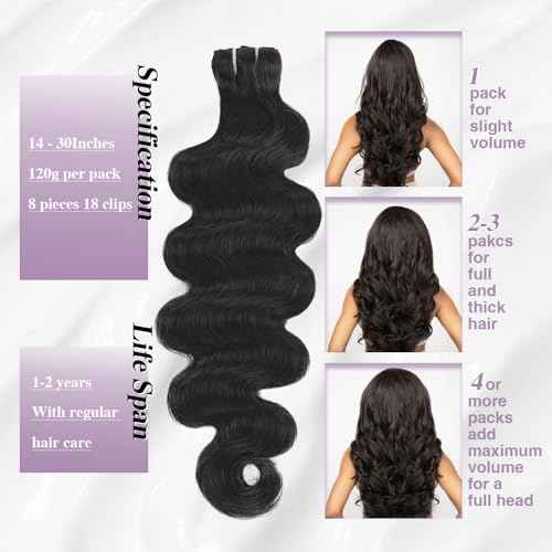 15A Body Wave Clip In Hair Extensions Real Human Hair 16Inch Double Weft Body Wave Human Hair Clip Ins For Black Women 8 Pieces Human Hair Extensions Clip Ins With 18 Clips One Pack 120g Natural Black