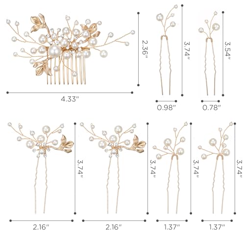 SWEETV Bridal Wedding Hair Accessories Set of 7, Pearl Wedding Hair Comb Rhinestone HairPins Leaf HairPieces Elegant Bridal Headpieces Accessories for Brides Bridesmaids Women Girls