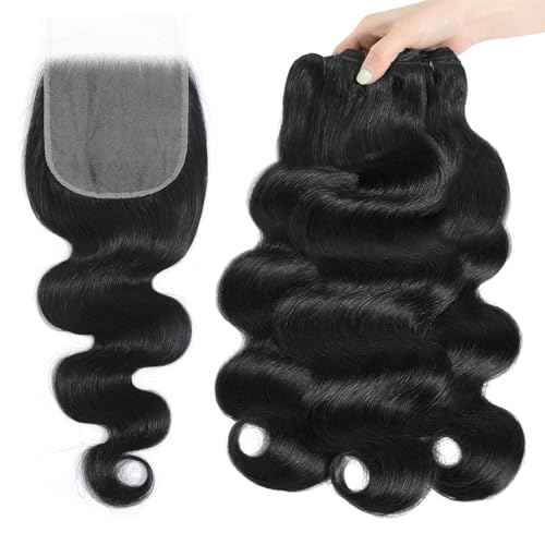12A Human Hair Bundles 3 Bundles with Closure 14 16 18+12 Inch Body Wave Bundle Human Hair with 5x5 Closure 100% Brazilian Virgin Quick Weave Natural