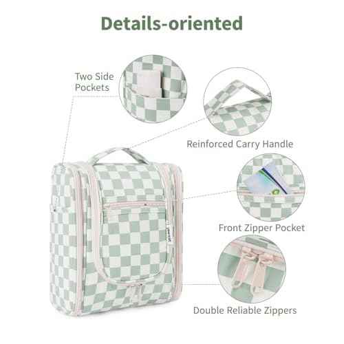 Narwey Small Checkered Hanging Travel Toiletry Bag for Women, Travel Bag for Toiletries, Makeup Bag Organizer Cosmetic Bags Make Up Bags for Women (Mint Green Checkerboard)