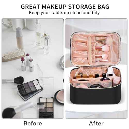 senbowe Travel Makeup Bag, Large Capacity Cosmetic Bags for Women,Portable Waterproof Leather Toiletry Bag Make Up Organizer Bag with Divider and Handle