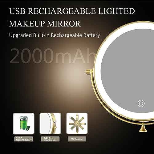 Rechargeable Wall Mounted Lighted Makeup Vanity Mirror 9 Inch Double Sided 1X 10X Magnifying Bathroom Mirror, 3 Color Lighting, Touch Screen Dimming, 360 Rotation Shaving Mirror Gold
