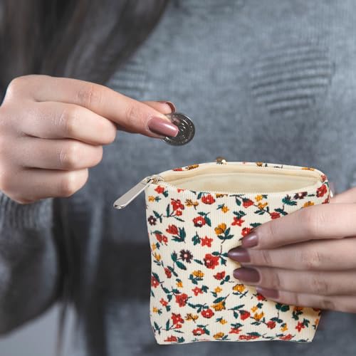 Abbylike 4 Pcs Floral Makeup Bag Corduroy Cosmetic Bag with Zipper Portable Small Pouches for Purse Toiletry Mini Pouch Cute Mini Makeup Purse for Coin Essentials Items Women(Elegant)