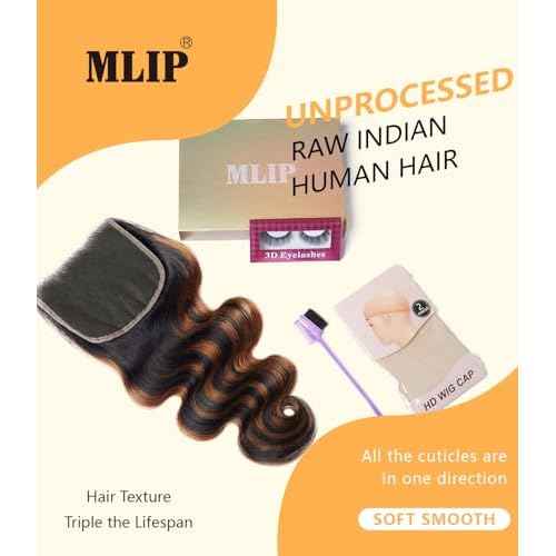 Mlip 5x5 HD Lace Closure Body Wave, 0.10mm Ultra Thin Invisible Swiss Lace, Skinlike Real HD Lace Melt into Skin Perfectly, Pre-plucked Natural Hairline, Raw Indian Human Hair 18 Inch Highlight Color