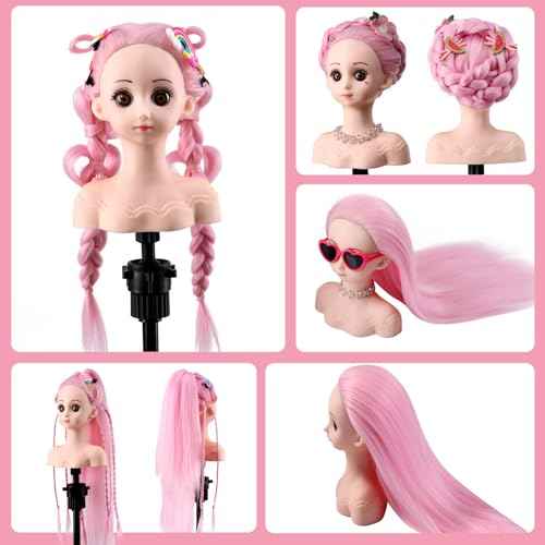 Anstar Hair Styling Doll Head for Girls Styling Head for Kids Mannequin Head with Pink Hair Doll Head for Hair Styling Braiding Cosmetology Manikin Head with Clamp Holder and Tools
