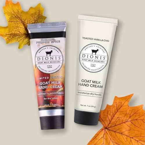 Dionis Goat Milk Skincare Hand Cream Set of 2 - Cruelty Free, Paraben Free Travel Size Moisturizer Duo, Pumpkin & Vanilla Chai Scented 1oz Mini Lotions For Dry Hands in a Gift Box