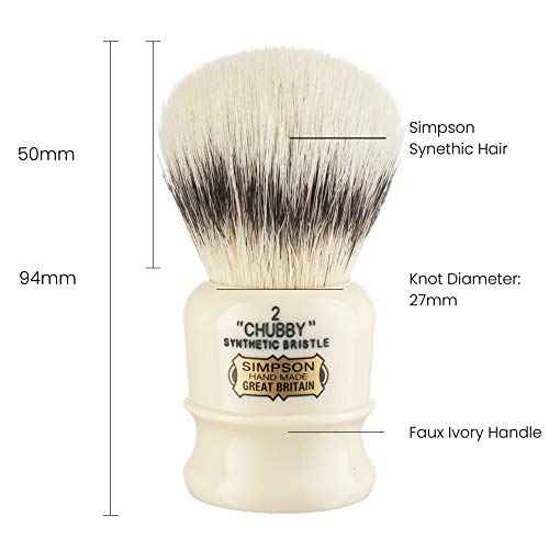 Simpsons Chubby 2 - CH2 Synthetic Platinum High density Fibre Faux Handle Ivory Shaving Brush - Simpson Shaving Brushes - Wet Shave Deluxe Thick & Luxurious Lather Handle Dense & Extra Soft Bristles