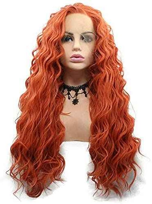 Orange Lace Front Wigs for Women Girls Real Handmade Long Deep Curly Loose Wave Free Part Wig Synthetic Hair Gold Orange Wavy Glueless Synthetic Heat Resistant Fiber Hair Wigs Daily Cosplay 24 Inch