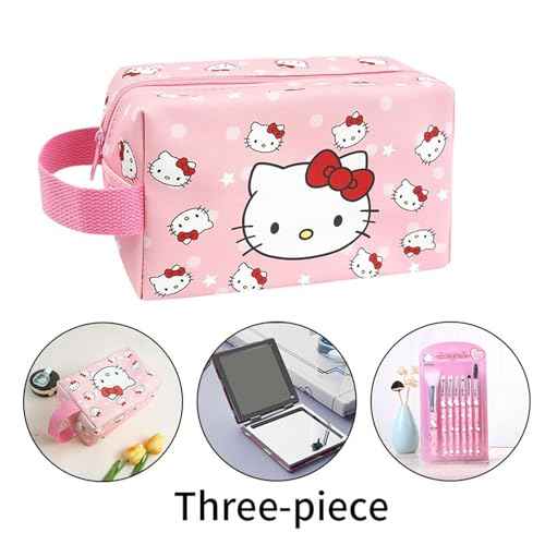 Cute Makeup Bag Set, 1 Makeup Bag and 7 Makeup Brush and 1 Compact Mirror, PU Leather Travel Cosmetic Bag, Gifts for Women Girls, pink0202