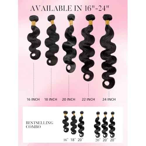 PerisModa Body Wave Bundles Human Hair 16 18 20 Inch 1PC 100% Human Hair Bundles Unprocessed Brazilian Virgin Hair Bundle 12A Body Wave Human Hair Extensions Natural Black