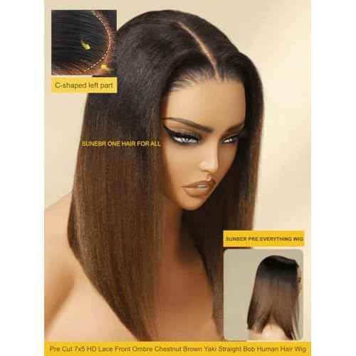 Sunber Ombre Chestnut Brown Light Yaki Straight Bob Human Hair Wigs Bye Bye Knots Pre Cut 7x5 HD Lace Front Lace Put On and Go 3s Wear Glueless Brown Yaki Bob Wig Pre Bleached Invisible Knots 12Inch