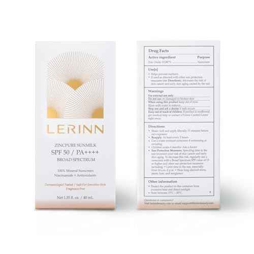ZincPure Sunmilk SPF 50 PA++++, 100% Mineral Zinc Oxide Face Sunscreen, Broad Spectrum UVA/UVB, Lightweight, No White Cast, Fragrance-Free Daily Moisturizer for Sensitive Skin (40 ml)