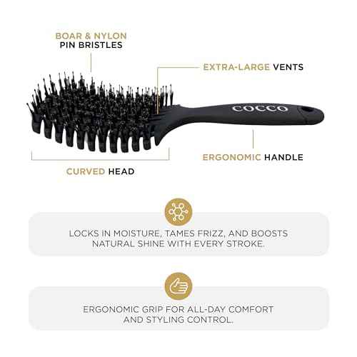 Cocco Vented Boar Brush, Curved Detangling & Styling Tool with Boar & Nylon Bristles, Black