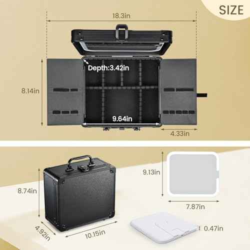 Makeup Case with Magnetic Lighted Mirror Makeup Organizer Box Travel Cosmetic Case with 3 Colors LED Mirror Portable Vanity Make up Suitcase with Lockable Keys Dividers Brush Holder, Black