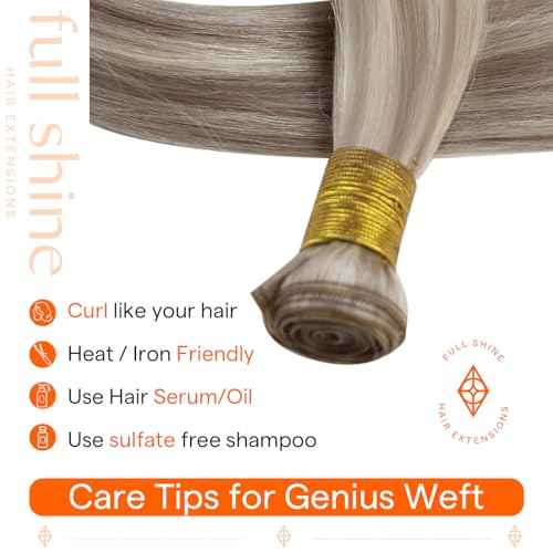 Full Shine Genius Weft Hair Extensions Color Ash Blonde Mix Bleach Blonde Human Hair Weft Sew In Invisible hair weft extensions Real Hair Hand Tied Extensions 22 Inch 80G