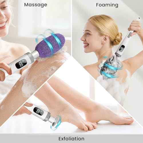 WJX Electric Body Brush with Replaceable Heads ? Rechargeable, Waterproof, 2-Speed Adjustable Back Scrubber for Shower (Bright White)