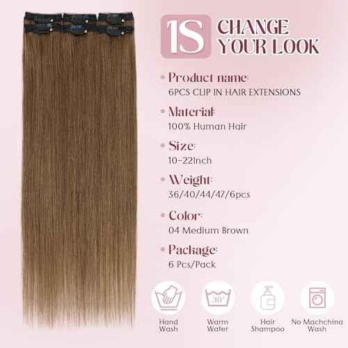 S-noilite 6Pcs Clip in Human Hair Extensions,Remy Single Clip in Hair Extensions 6Pcs 6clips Straight Light Brown Seamless Hairpieces for Women 20Inch 44g