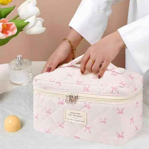 Large Travel Quilted Makeup Bag£¬Cute Bow Cotton cosmetic bag, Fashionable aesthetic makeup bag,Coquette Aesthetic Floral Travel Toiletry Bag for Women and Girls