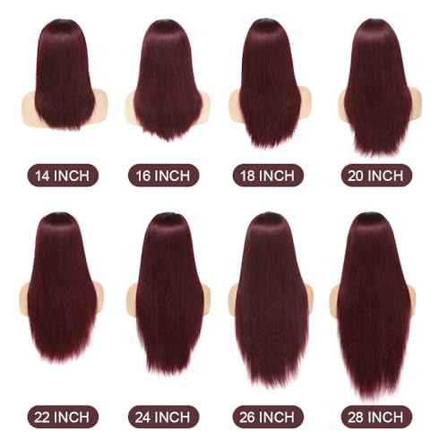 REMY HAIR 99J Burgundy Straight Lace Front Wigs Human Hair 13x4 Transparent Lace Front Wig Pre Plucked with Baby Hair 180% Density Glueless Wigs Natural Hairline Red (16 Inch)